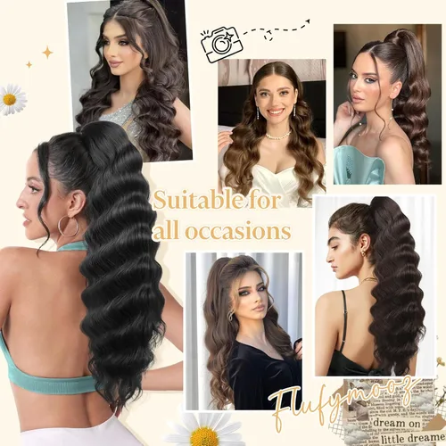 Vista 5 de Flufymooz Extensión de cola de caballo, 26 pulgadas, ondulado, con cordón, extensión de pelo largo, extensión de pelo sintético suave para mujer