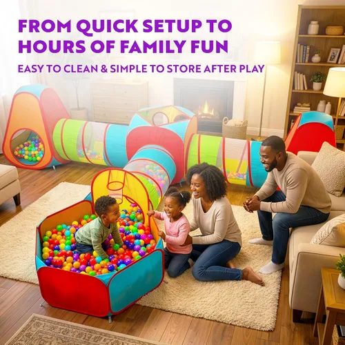 Vista 6 de Playz Paquete de tienda de juegos para niños de 7 piezas con 1 gran pelotero para bebés, 3 túneles de juego para niños pequeños y 3 tiendas