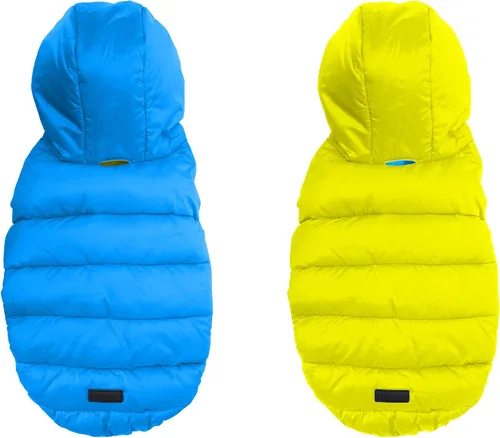 Vista 7 de Pawtitas Chaqueta reversible resistente al viento para perro, resistente al agua, abrigo de perro azul y amarillo para clima frío, tamaño de raza