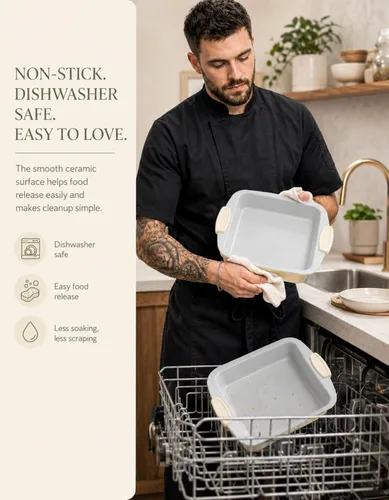 Vista 6 de Boxiki Kitchen Ceramic Square Cake Pan, 12x10x2 Inch Aluminized Steel Baking Pan, KFCC Korean Ceramic Coated Nonstick Bakeware, Heavy Duty Oven Safe