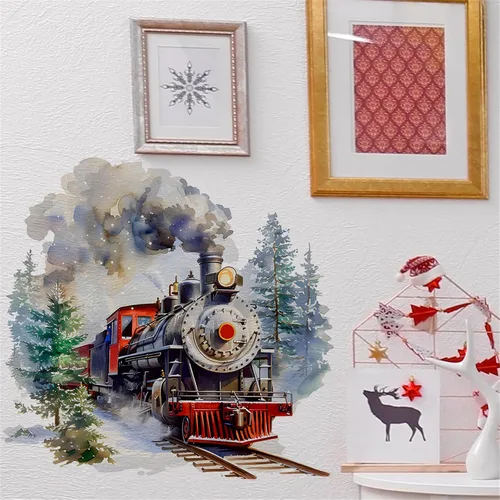 Vista 4 de WAFT YEARN Vinilo removible estilo acuarela retro tren árbol pino calcomanía de pared para decoración de pared de guardería, aula, dormitorio, baño