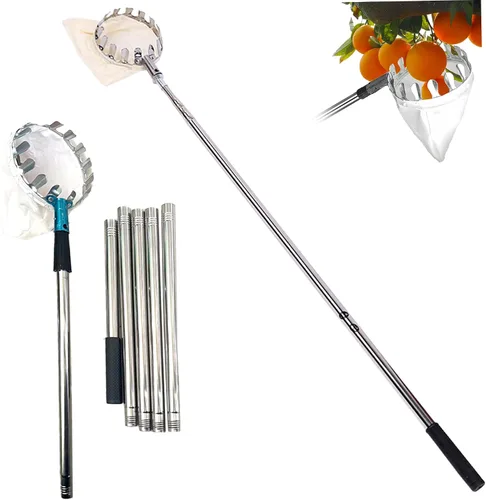 Vista 2 de Recogedor de manzanas de acero inoxidable de 10 pies con mango telescópico, recolector de frutas, herramienta para recoger frutas con poste