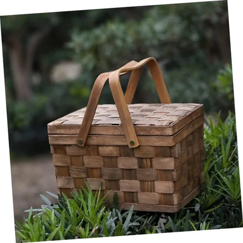 Vista 6 de Cesta de compras de madera, cesta de picnic vintage con tapa, cesta de mimbre de frutas con tapa, cesta de almacenamiento de juguetes, arreglos