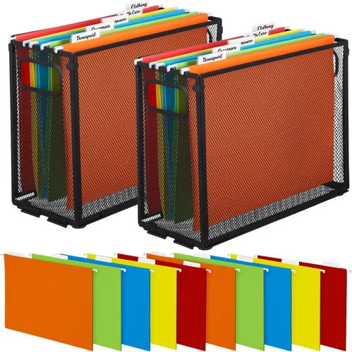Vista 9 de Juego de 2 soportes para archivos colgantes, 10 carpetas colgantes, malla metálica, almacenamiento de carpetas tamaño carta, gabinetes