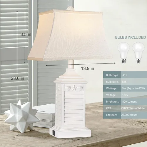 Vista 6 de Hamucd Juego de 2 lámparas de mesa para sala de estar, lámparas de mesita de noche blancas costeras para dormitorio con USB A+C modernas, salida