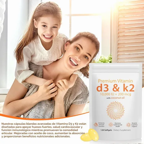Vista 8 de Vitamina D3 K2 de 10000 UI – 240 cápsulas blandas de aceite de coco virgen, suplemento complejo de vitamina D y K 2 en 1, cápsulas blandas de apoyo
