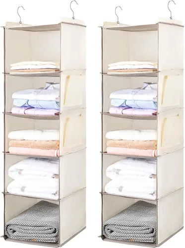 Vista 16 de BOOMIBOO Organizador de armario colgante y estantes, 5 estantes colgantes con 2 bolsillos laterales, almacenamiento plegable (beige)