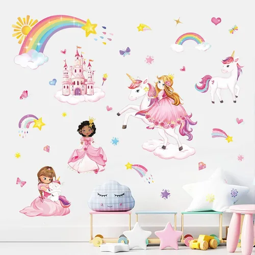 Vista 3 de wondever Calcomanías de pared de unicornio de princesa, castillo, arco iris, calcomanías de arte de pared para dormitorio de niñas, habitación