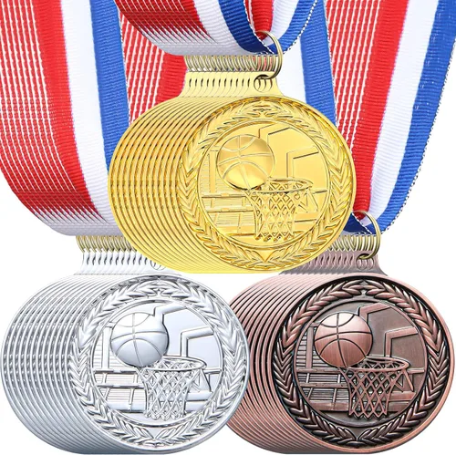 Vista 10 de RoundFunny 12 piezas de medallas de premios de baloncesto a granel, medallas de oro, premios de trofeos con cintas para el cuello, premios