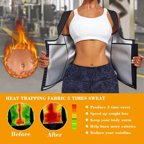 Vista 2 de LANCS Traje de sauna para mujer, entrenador de cintura para sudar, chaleco con cremallera, moldeador de cuerpo, corsé adelgazante, camiseta sin Negro