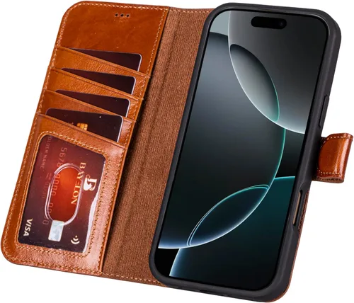 Vista 25 de Bayelon Funda tipo cartera para iPhone 15 Pro, cartera de cuero de grano completo, funda magnética desmontable, tarjetero, funda tipo cartera
