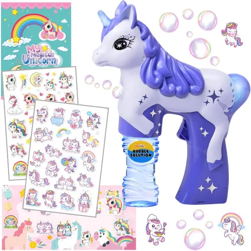 Vista 8 de Pistola de burbujas de unicornio rosa para niños, juguete soplador automático de burbujas Lindo lanzador de burbujas para niños pequeños, niños