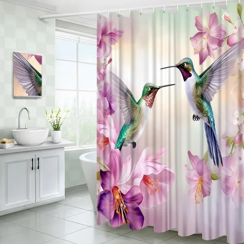 Vista 4 de Cortina de ducha floral de colibrí, acuarela, rosa, morado, jardín, naturaleza, paisaje, baño, decoración, juego de cortinas con ganchos