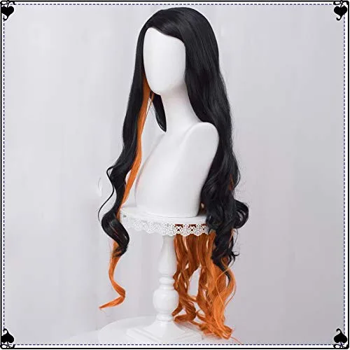 Vista 4 de SL Pelucas para disfraz de cosplay de Nezuko DS Anime Cosplay largo rizado naranja y negro pelucas con gorra