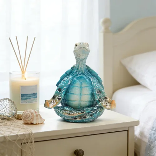 Vista 4 de Hodao Figura de tortuga de yoga, meditación, escultura de tortuga marina para decoración del hogar del océano costero, regalo zen relajante