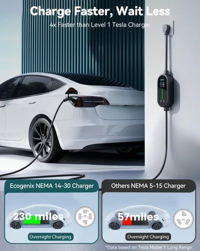 Vista 4 de Ecogenix Cargador Tesla para Hogar de Nivel 2, Cable de Carga Móvil Portátil de 24A/240v con Salida para Secadora para Modelo 3/Y/S/X, Amperaje