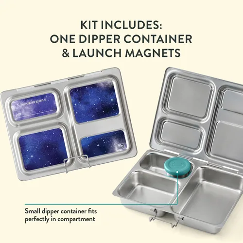 Vista 7 de PlanetBox Launch - Kit de caja de almuerzo estilo Bento de acero inoxidable para niños y adolescentes con 3 compartimentos – Edición Stardust