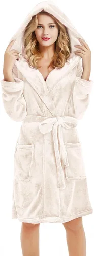Vista 21 de U2SKIIN Bata de Forro Polar con Capucha para Mujer, Batas de Felpa de Pelo Corto para Mujeres con Capucha Suave y Cálida Bata de Baño para Spa
