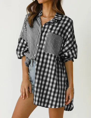 Vista 7 de ZESICA Women's Casual Plaid Patchwork Long Sleeve Button Down Oversized Shirt Blouse Top