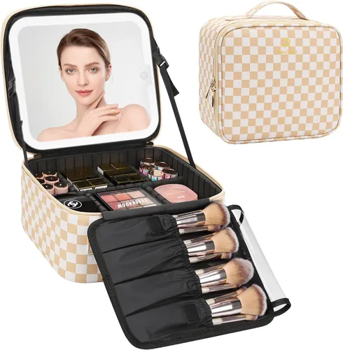 Vista 25 de Relavel Estuche de maquillaje con espejo LED, 01-Negro, Bolsa de maquillaje de viaje con espejo LED para niñas Compact Cosmetic Makeup Organizer