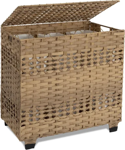 Vista 8 de OIAHOMY Cesta de lavandería con tapa, cesta de ropa de 140 litros con 3 bolsas extraíbles con forro, cesta plegable con tapa, cesta de mimbre Marrón