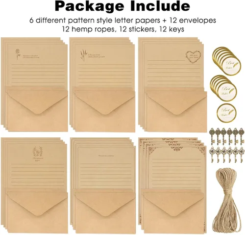 Vista 6 de KSIWRE Juego de 72 piezas de papelería vintage, 24 papeles de escritura con 12 sobres a juego, kit de papelería de aspecto antiguo para escribir