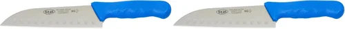 Vista 4 de Winco KWP-70U Stäl Stäl - Cuchillo Santoku de 7 pulgadas, hoja de acero inoxidable, borde hueco de Granton, mango de plástico azul
