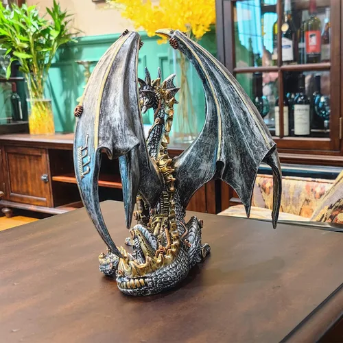 Vista 6 de Estatua de dragón steampunk gótica retro equipo mecánico sentado dragón de aspecto metálico, escultura de resina para el hogar, decoración de cuevas