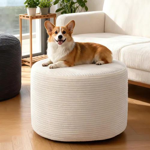 Vista 10 de Puf otomano redondo de pana para sala de estar, taburete relleno de espuma triturada de felpa suave, cómodo reposapiés Soft plush shredded foam