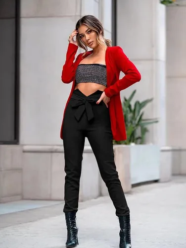 Vista 4 de XXTAXN Pantalones elásticos casuales de cintura alta para mujer, pantalones de lápiz lisos con corbata