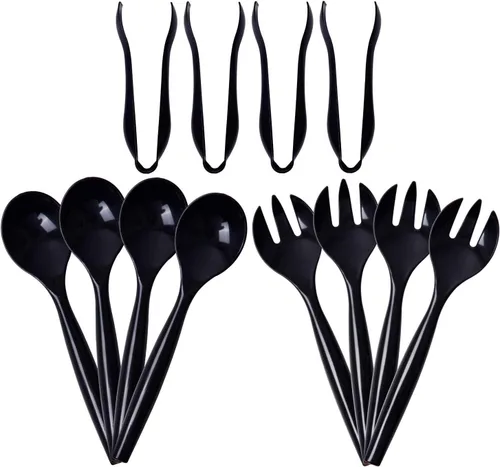 Vista 10 de Supernal Juego de 36 utensilios de plástico negro para servir, pinzas, cucharas y tenedores desechables resistentes (12 cada uno), suministros