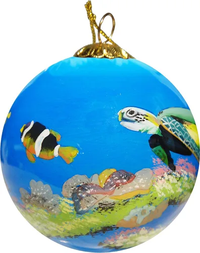 Vista 3 de Adorno de Navidad de vidrio soplado Playa de cacao de tortuga marina Pintado a mano en el interior Arte original Incluye caja de regalo