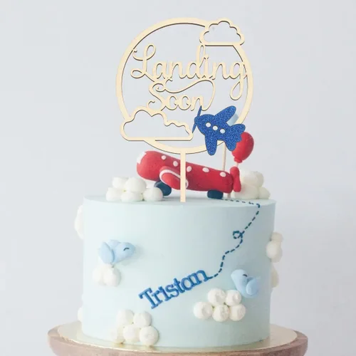 Vista 3 de Landing Soon - Decoración personalizada para tartas de avión de madera, decoración de baby shower