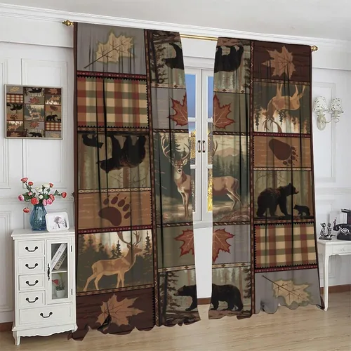 Vista 4 de Cortina de estilo rústico retro, alce, ciervo, hojas de árbol, estilo campestre, cortinas opacas para sala de estar, cocina, sala de estudio