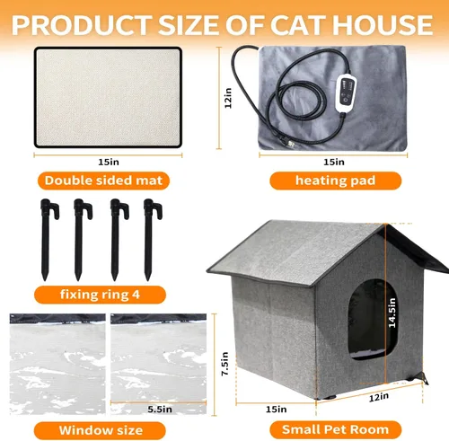 Vista 5 de Casa climatizada para gatos para exteriores, resistente a la intemperie y aislada, plegable, refugio cálido para gatos con bola de cascabel y luz