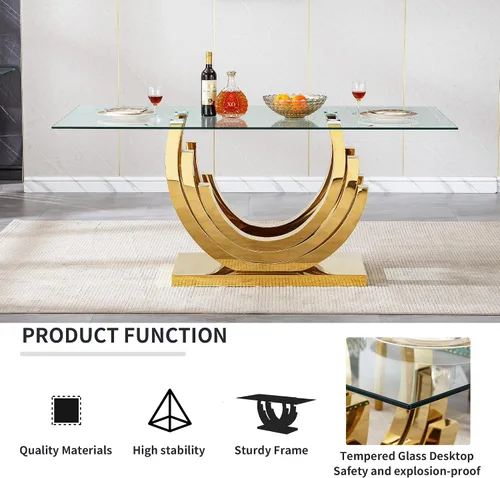 Vista 5 de Juego de mesa de comedor de cristal dorado moderno de 70 pulgadas para 4, juego de mesa rectangular de 5 piezas con base de acero en forma de anillo