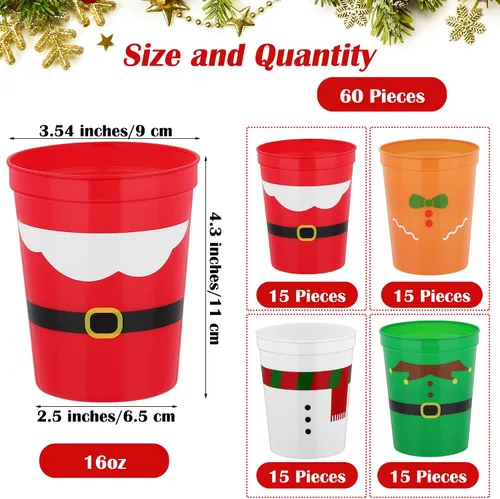 Vista 2 de Kochorie 60 vasos de plástico de Navidad para fiestas, vasos de plástico de 16 onzas, vasos desechables para estadio, cinturón de Papá Noel, vasos