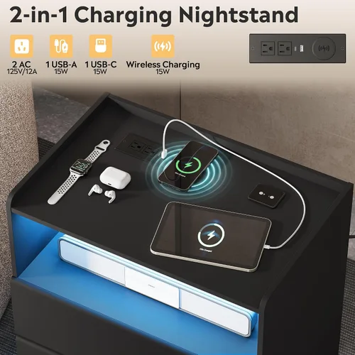 Vista 4 de WLIVE Mesita de noche negra con estación de carga, mesita de noche LED Negro