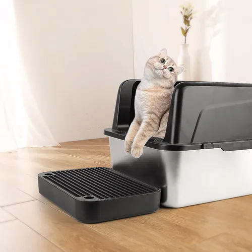 Vista 5 de Escalón para caja de arena, escalón para gatos, rampa, atrapador con función de filtro, fácil de limpiar, ideal para gatitos y gatos ancianos (negro)