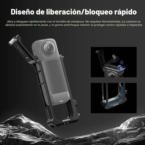 Vista 2 de NEEWER Jaula de cámara para Insta 360 X4, funda protectora compatible con Insta360 X 4, plataforma de video de aleación de aluminio de liberación