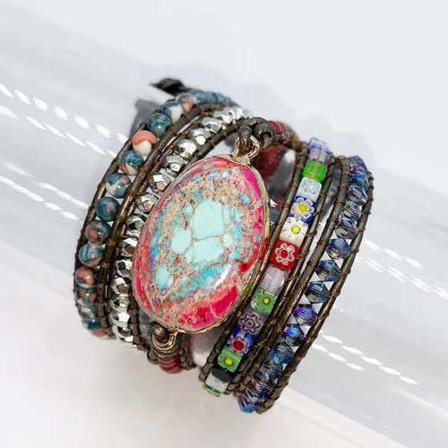 Vista 48 de ZOSOJONA - Pulseras bohemias hechas a mano de piedra natural, que dan vuelta, con cuentas de cristal de turquesa