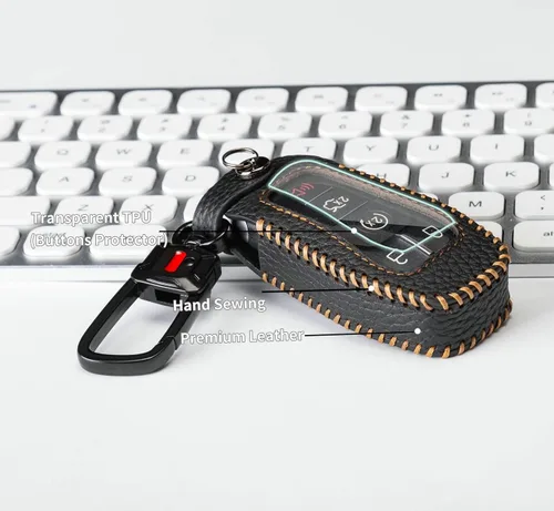 Vista 5 de Funda protectora de cuero para llavero Ford compatible con Explorer Mustang Fusion F150 Edge Lincoln MKZ MKC Nautilus (negro)