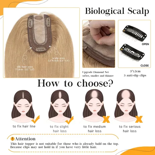Vista 2 de S-noilite Toppers para el cabello humano real para mujer, sin flequillo, 14 pulgadas, #27 rubio oscuro, base de seda, clip en la parte superior