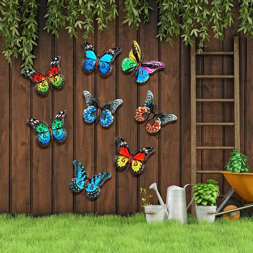 Vista 4 de Jetec 8 piezas de decoración de pared de mariposa de metal de 6.5 pulgadas, mariposas al aire libre, escultura de arte de pared, decoración colgante