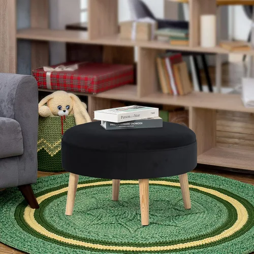 Vista 2 de Adeco Otomana redonda pequeña, otomana tapizada de terciopelo, con botones, reposapiés, asiento acolchado con patas de madera, moderno reposapiés