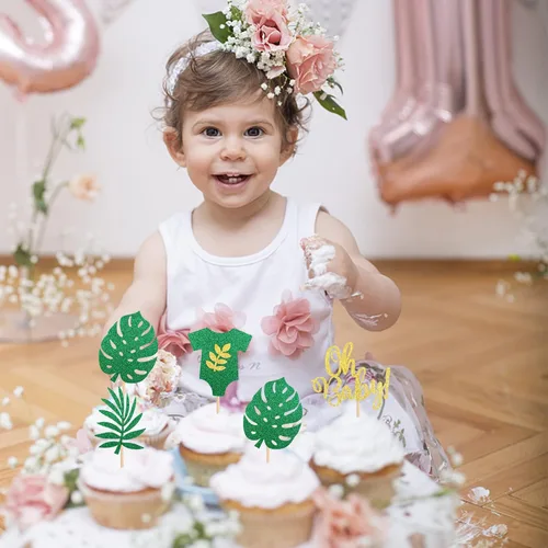 Vista 5 de Paquete de 24 adornos para cupcakes Oh Baby – Paleta de hojas de palmera, safari en la selva, Luau, revelación de género, baby shower, niños, fiesta