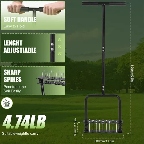 Vista 2 de Herramienta aireadora de césped, herramienta manual de acero inoxidable con base de resorte, diseño automático de limpieza de suciedad y hojas