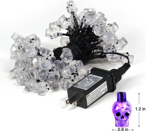 Vista 8 de RECESKY Guirnalda de 70 luces LED de calavera – Cadena de luces de Halloween enchufables de 22.6 pies para decoración de exteriores e interiores