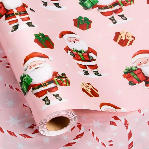 Vista 8 de Homeral Rollo de papel de regalo de Navidad, Papá Noel, muñeco de nieve y lazo y bastones de caramelo rosados, envoltura de regalo reversible