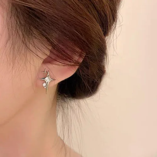 Vista 3 de Aretes de estrella para mujer, hipoalergénicos de plata de ley 925, aretes de estrella, Plata, Circonia cúbica
